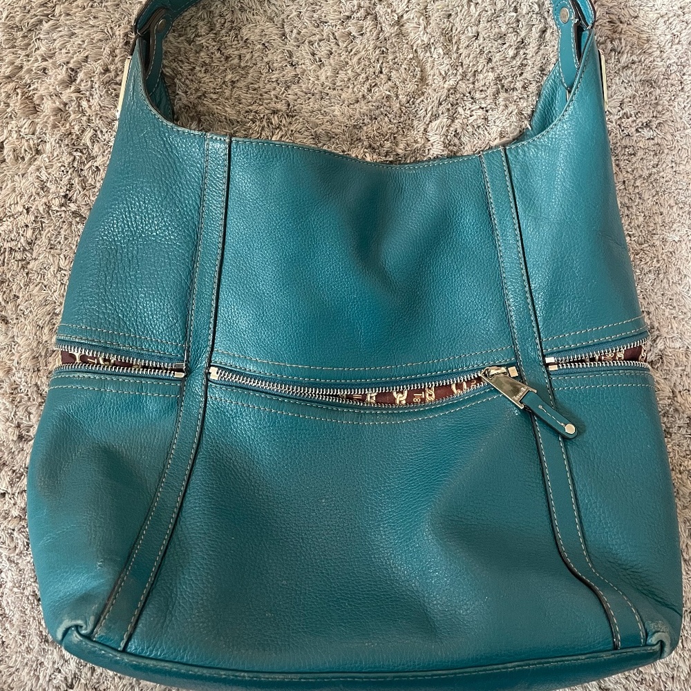 Teal leather handbag